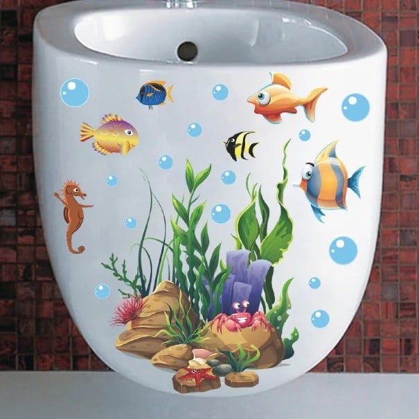 Autocollant décoratif pour WC Motif monde aquatique avec des poissons autocollant pour toilettes Application facile Décoration marine originale 1