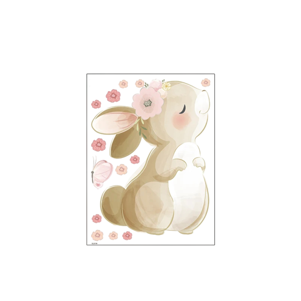 Autocollant mural 30 x 40 cm Vinyle Boho dessin de lapin papillon et fleurs Décoration pour chambre d'enfant 1