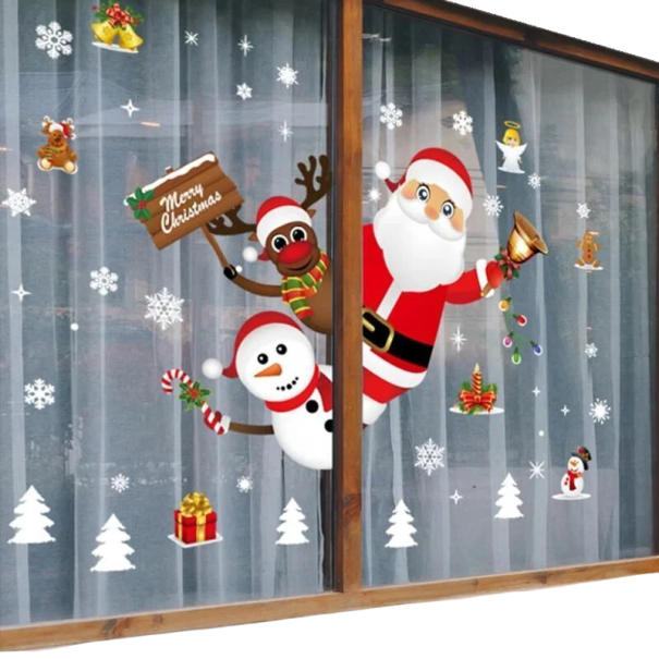 Autocollants de Noël pour fenêtre 60 x 90 cm PVC ensemble Santa Claus renne bonhomme de neige flocons de neige et décorations pour décoration intérieure hivernale 1