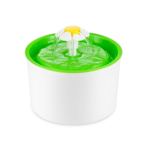 Automaattinen juomavesifontti kissoille kukalla Kapasiteetti 1,6 l Suodatin ja pumppu Adapteri 12 V Teho 2 W Mitat 19 x 19 x 16 cm vihreä