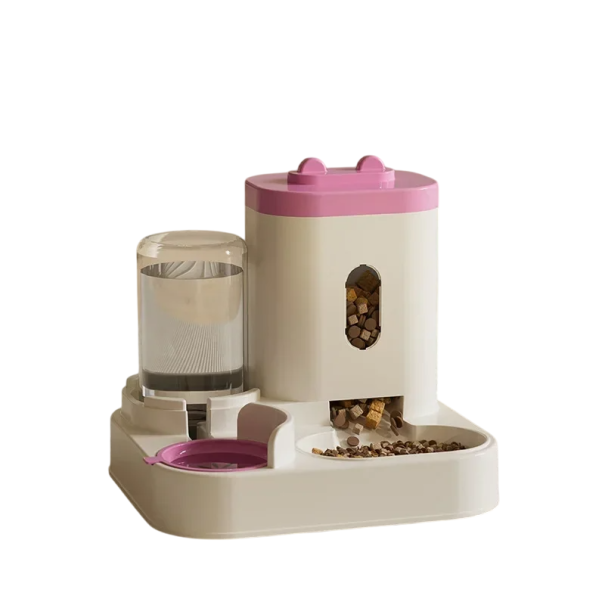 Automatic Cat Feeder with 2 L Water Dispenser Two Containers Stainless Steel Bowl High Capacity Feeding and Drinking Easy Maintenance Stable Base pink