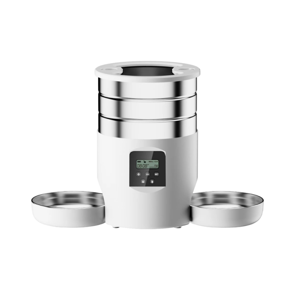 Automatic Pet Feeder for Dogs and Cats 4.5 L with Display 19 x 28 cm Two Stainless Steel Bowls Mains and Battery Powered Programmable Feeder white