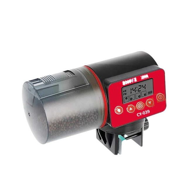 Automatické krmítko pre ryby 200 ml LCD displej 4 kŕmne časy Nastaviteľné dávkovanie Jednoduchá inštalácia Akvarijné krmítko Batériová prevádzka červená
