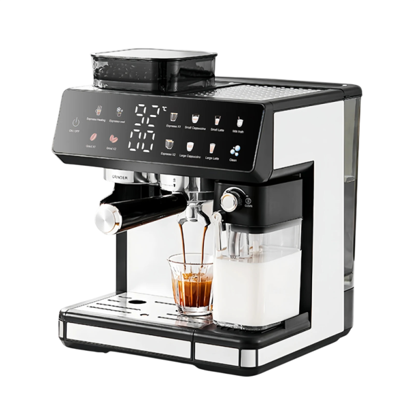 Automatický kávovar zrnkový 1350 W S mlýnkem a napěňovačem mléka Nádržka 2,7 l a tlak 20 barů Dvojitý bojler Černá barva Na espresso i latte 1
