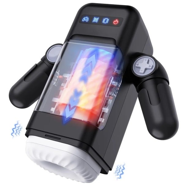 Automatische mannelijke masturbator in de vorm van een robot met een mobiele houder, telescopische beweging en een realistisch inzetstuk, discrete 1