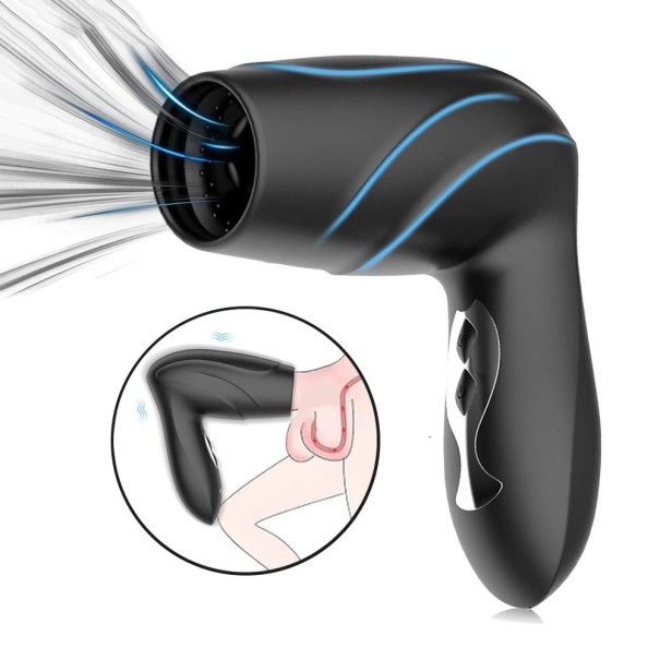 Automatische masturbator voor heren met zuigkracht en vibraties in de vorm van een föhn 16x12x6,5 cm discrete verpakking 1