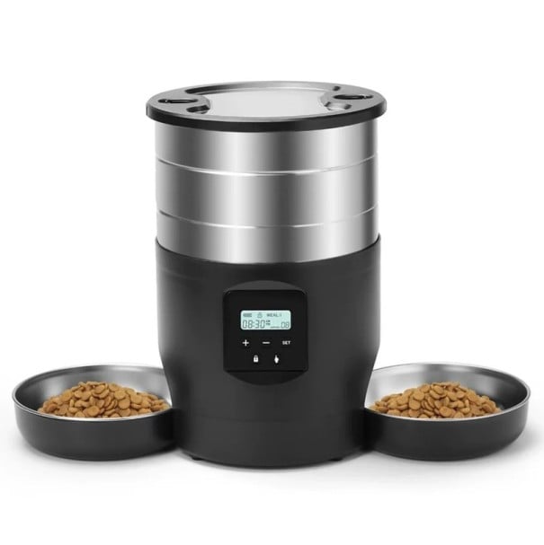 Automatischer Futterspender 4,5 l mit zwei Schalen LCD-Display Tastensteuerung für Hunde und Katzen für Trockenfutter Timer schwarz