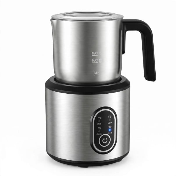 Automatischer Milchschäumer DEVISIB 4in1 Heiße und kalte Schaum 500 W Edelstahlkanne 350 ml Spülmaschinengeeignet Silber Für Cappuccino und Latte 1