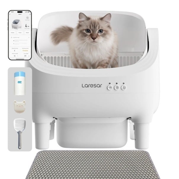 Automatisches Katzenklo mit oberem Eingang 52,8 x 51 cm App-Steuerung Schutz gegen Einklemmen Leistung 10 W Weiße Ausführung