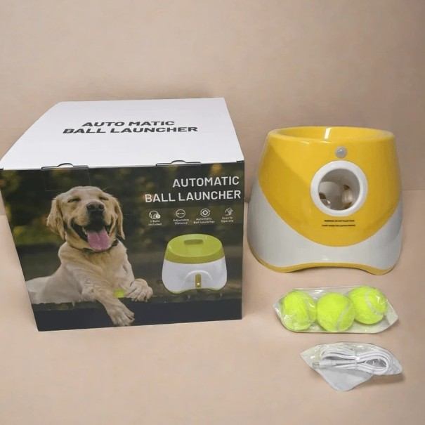 Automatisk boldkastemaskine til hunde med USB-opladning interaktiv boldkastemaskine til tennisbolde med tre kastafstande gul