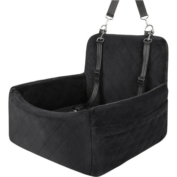 Autosedačka pro psy a kočky do 9 kg s plyšovým povrchem, bezpečnostními popruhy a bočními kapsami, 45 x 45 x 20 cm, do auta na výlety černá