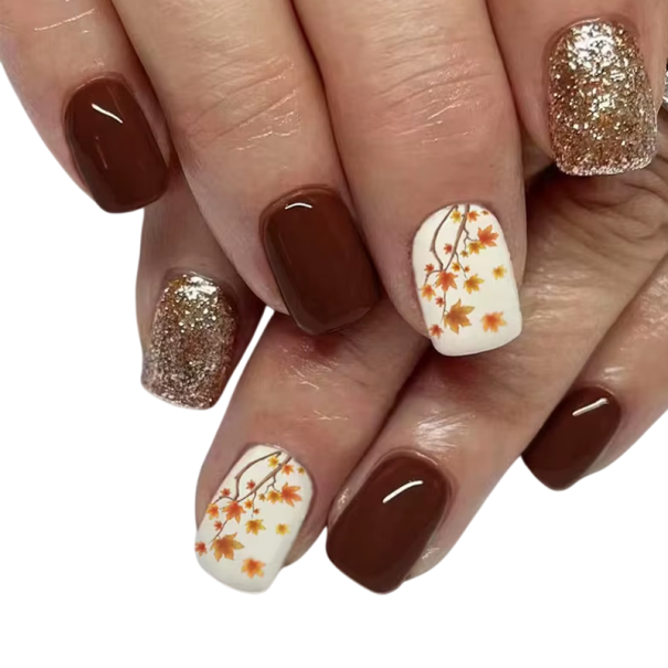 Autumn Artificial Nail Set 24 pcs Adhesive Nails for Home Manicure Square Shape with Cozy Seasonal Design 1