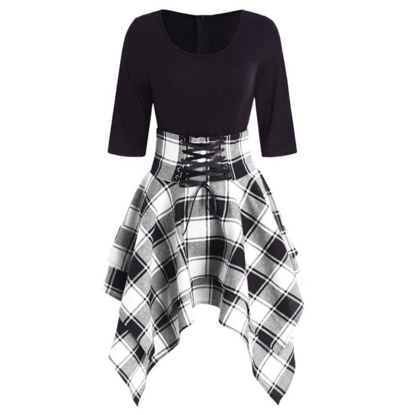 Autumn Dress with Checked Skirt white S