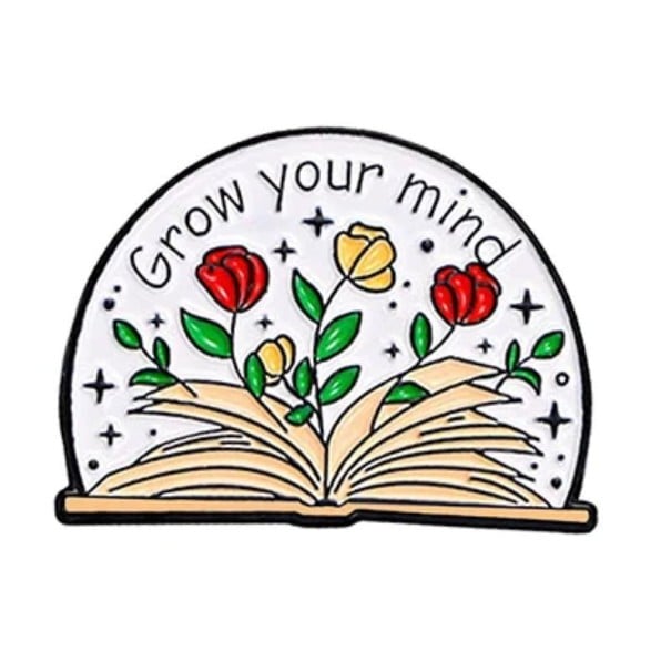 Avoin kirja Grow your mind metallipin noin 3 x 2,3 cm valkoinen monivärinen nappi kukilla ja tekstillä vaatteissa reppu lisävaruste 1