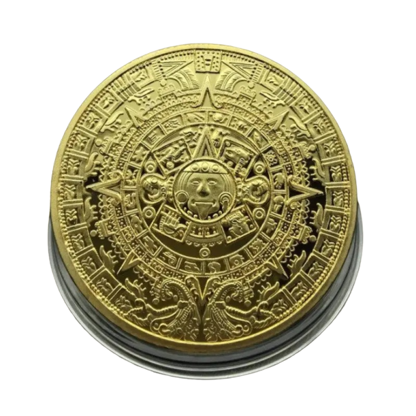 Aztekiskt guldpläterat mynt Samlarpläterat mynt med mayakalendermotiv Mexikanskt minnesmynt med pyramid 4 cm