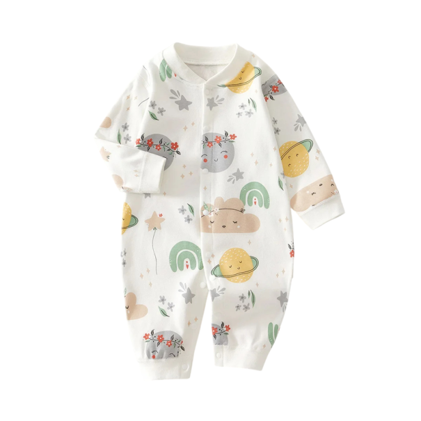 Baba pamut overall újszülötteknek hosszú ujjú és O-kivágással Fehér unisex overall vidám rajzos mintákkal és gombos záródással 9-12 hónap