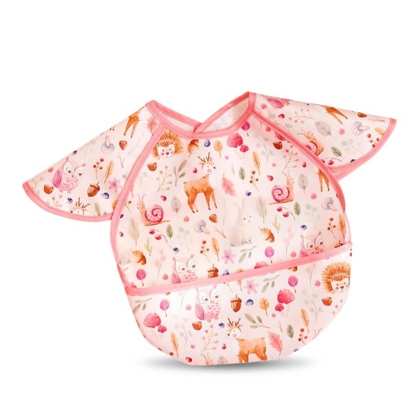 Babete com mangas e bolso 30 x 25 cm Corte sobre os ombros Animais da floresta em fundo rosa claro Contorno rosa e fecho de velcro 1