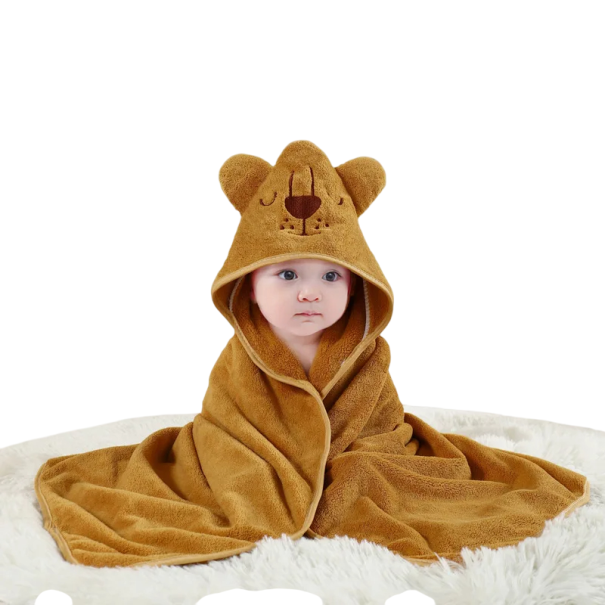 Baby-Wickeltuch mit Kapuze 80 x 80 cm Fleece-Handtuch mit Löwenbaby-Muster Baby-Wickeltuch für Bad und Kinderbett 1