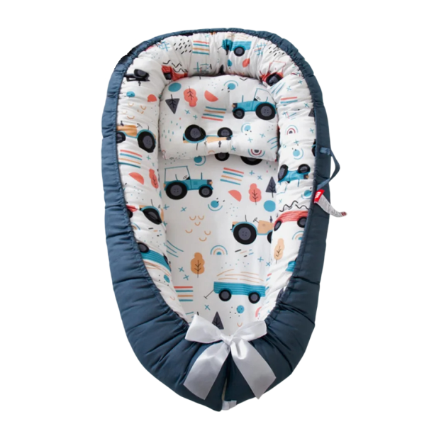 Babynestchen 88 x 53 x 30 x 68 cm Dunkelblaue Baumwollliege für Neugeborene Tragbares Kinderbett Schlafnest mit Traktormuster 1