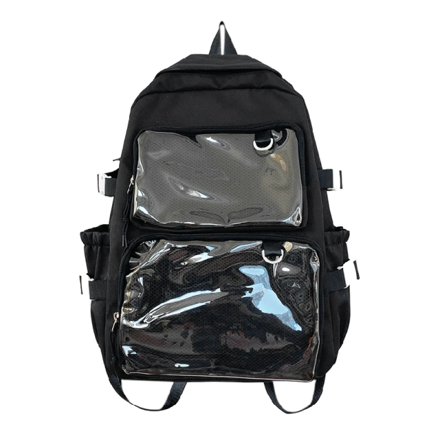 Backpack 44 x 30 x 14 cm with Transparent Pockets Adjustable Padded Straps Internal and External Storage Spaces School Backpack Travel Bag black