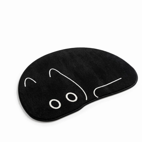 Badezimmermatte 50 x 80 cm in Form einer Katze, die sich zu einem Knäuel zusammengerollt hat, mit rutschfester Unterseite in Schwarz mit cremefarbener 1