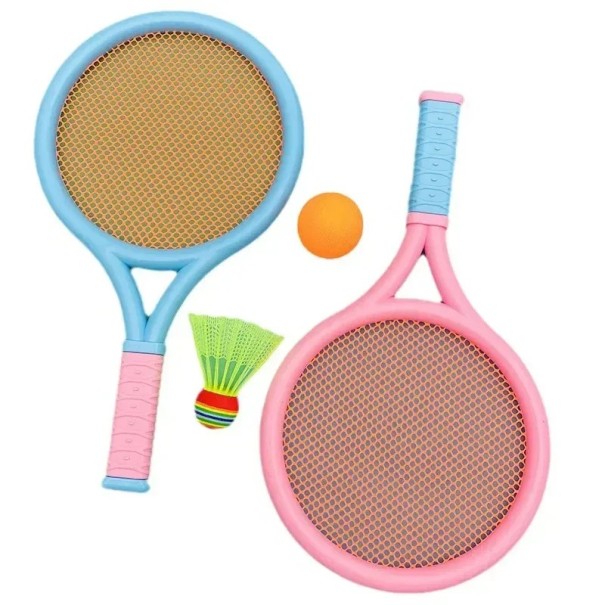 Badmintonové rakety 39 cm 2 ks Plastový set pro děti i rodiče Měkký lem Protiskluzový úchop Odolný síťový kabel Raketky s míčkem pro venkovní hru modro-růžová