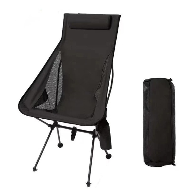 Bærbar, foldbar campingstol 105 x 43 x 47 cm stol med nakkestøtte letvægts campingstol til rejser og havemøbler sort