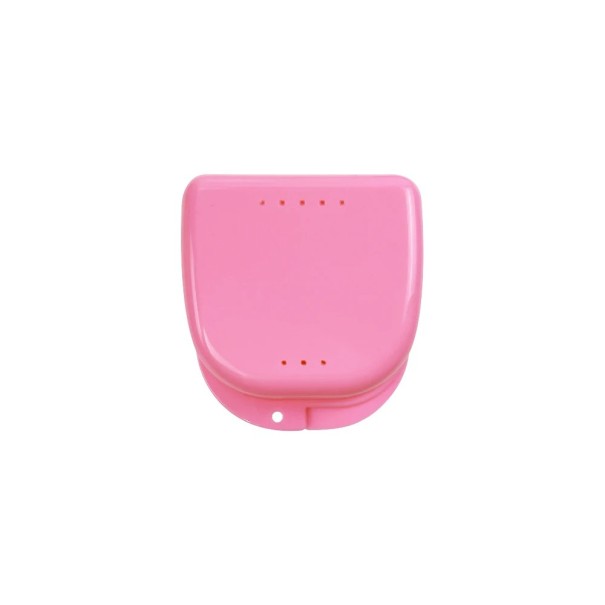 Bærbar opbevaringsboks til falske tænder, ortodontisk æske, proteseetui, ventileret æske med åndbare huller, 8,2 x 7,7 cm rosa