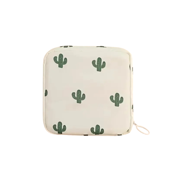 Bag for Women's Sanitary Pads and Tampons 12 x 12 x 4 cm Waterproof Storage Pouch with Zip Fabric Case with White Background and Cactus Pattern 1