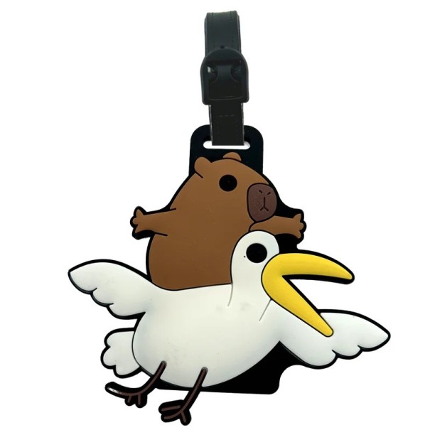 Bagage-label in de vorm van een capibara met een vogel 9 cm PVC bruin-wit identificatielabel voor koffer of reistas 1