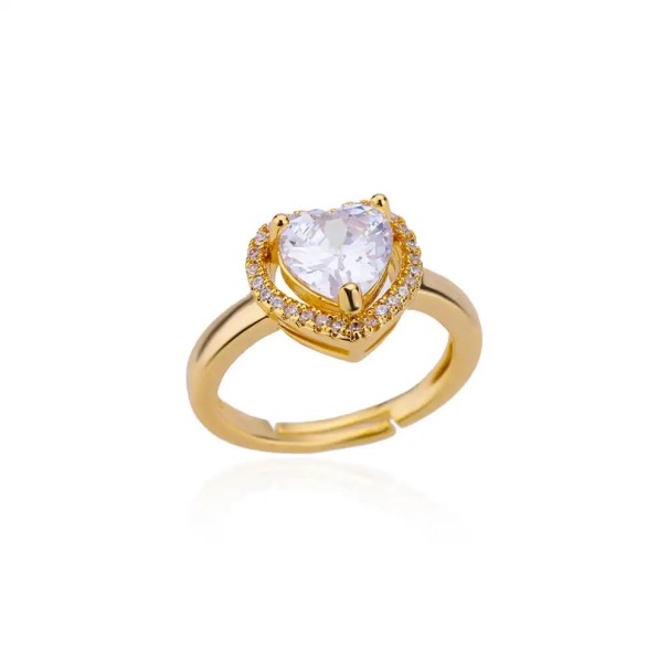 Bague ouverte ajustable pour femme avec un bijou en forme de cœur et des pierres décoratives Élégant bijou romantique doré