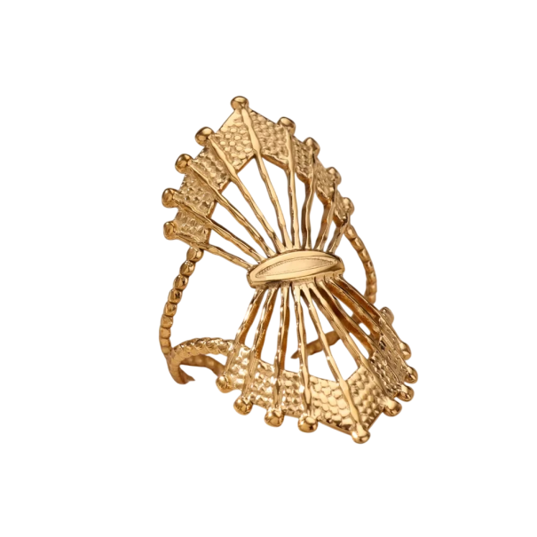 Bague ouverte ajustable pour femmes Couleur or Acier inoxydable Zircon Décor gravé en rayons inspiré par un éventail Bijou abstrait 1