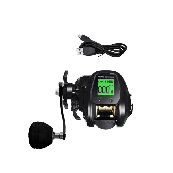 Baitcastingový rybářský naviják pro levou ruku s elektronickým počítadlem vlasce Převod 7,2:1 Brzda 10 kg 110 x 85 x 77 mm na rybaření černá