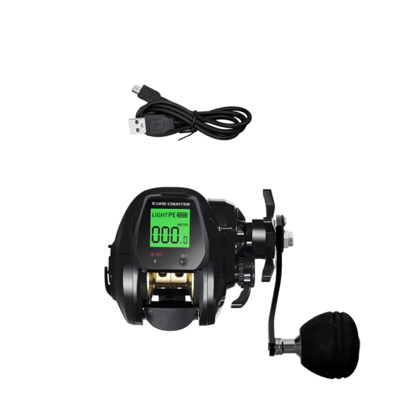 Baitcastingový rybářský naviják pro pravou ruku s elektronickým počítadlem vlasce Převod 7,2:1 Brzda 10 kg 110 x 85 x 77 mm na rybaření černá