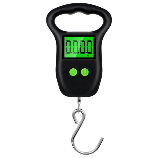 Balança digital portátil para bagagens 50 kg com grande gancho ecrã LCD Balança suspensa manual com fita métrica Balança de viagem Pesca 1