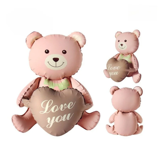 Balão de Folha 105,5 x 66,5 cm em forma de ursinho com coração e a inscrição Love you Decoração romântica para celebração ou Dia dos Namorados castanho