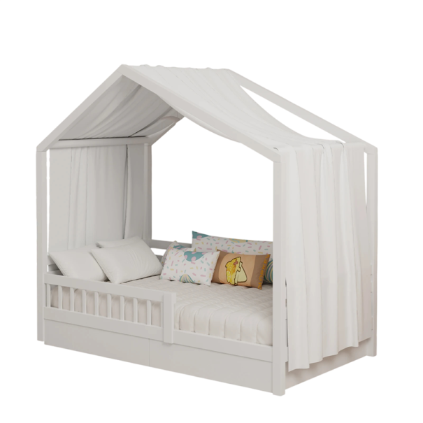 Baldachin über Bett 135x350 cm aus atmungsaktivem Musselin, waschbar bei 30 °C, hängendes Textilaccessoire für das Kinderbett weiß