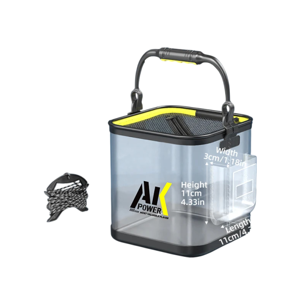 Balde de pesca transparente YUZHIYUAN dobrável 24 cm com bolso lateral plástico fecho zip tampa preto transparente recipiente para água e peixes 1