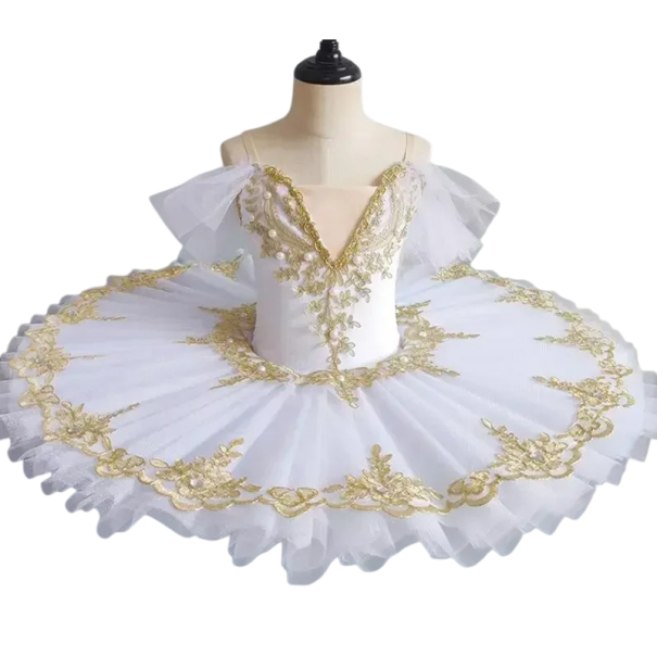 Baletní tutu šaty pro dívky s perličkami a zlatou květinovou krajkou, vrstvená tylová sukně z šifonu a acetamidu, kostým na taneční vystoupení bílá 4