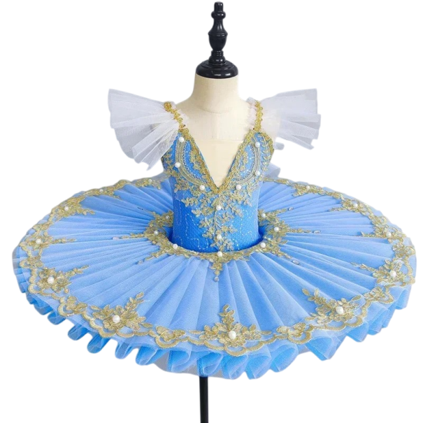Baletní tutu šaty pro dívky s perličkami a zlatou květinovou krajkou, vrstvená tylová sukně z šifonu a acetamidu, kostým na taneční vystoupení tmavě modrá 8