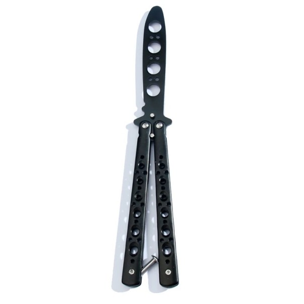 Balisong nôž motýlik tréningový 22 cm Tupá čepeľ Bezpečný nôž pre nácvik trikov Oceľový skladací motýlik pre začiatočníkov i pokročilých tréning čierna