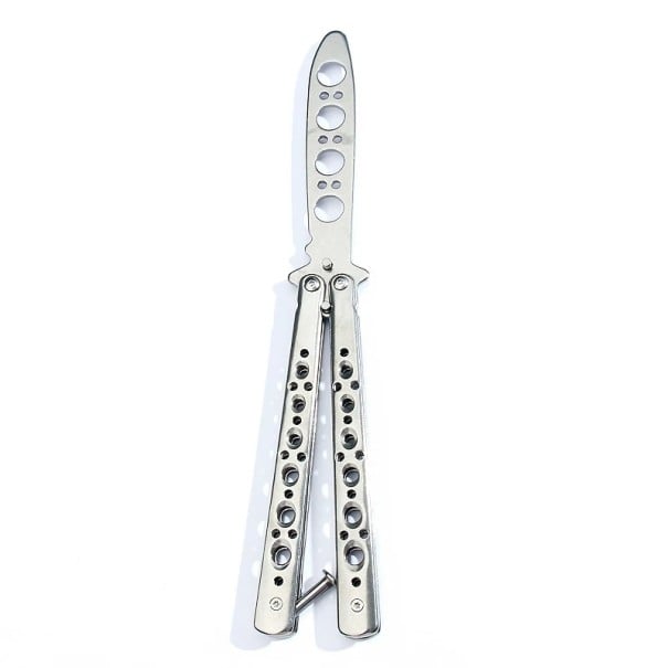 Balisong nůž motýlek tréninkový 22 cm Tupá čepel Bezpečný nůž pro nácvik triků Ocelový skládací motýlek pro začátečníky i pokročilé trénink stříbrná