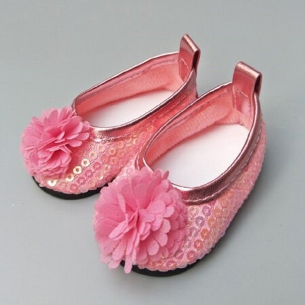 Ballerina's met bloemdecoratie voor pop van 43 cm Bovenkant met pailletten Stoffen bloem op de punt Glanzende rand en lus op de hiel PU leer roze