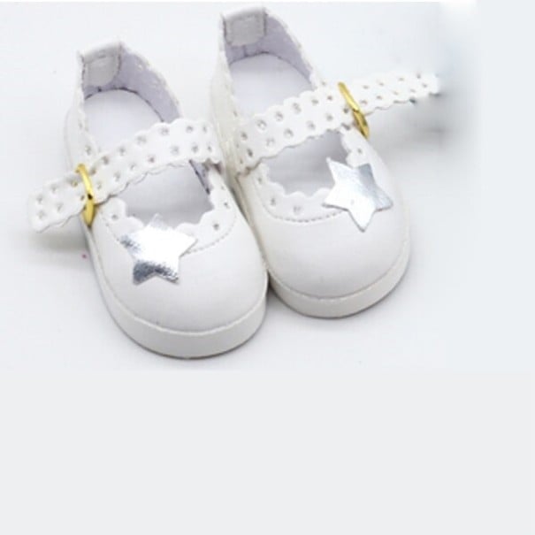 Ballerinas mit Stern auf der Spitze für Puppe 38 cm Mit durchlöchertem Riemen und Schnalle Gewellter Saum Schuhe aus PU-Leder Sohle 6,5 x 3 cm weiß