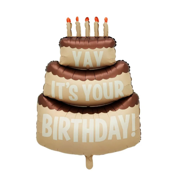 Ballon en foil 102,5 x 63 cm en forme de gâteau beige à trois étages avec glaçage marron, cinq bougies et inscription d'anniversaire 1