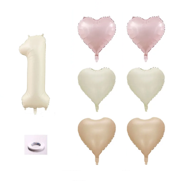 Ballongsats för födelsedag 81 cm nummer beige 6 st hjärtan 46 cm rosa beige bruna dekorationer för fest rulle band 1