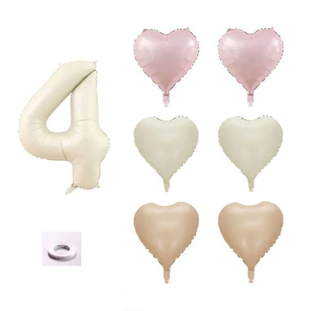 Ballongsats för födelsedag 81 cm nummer beige 6 st hjärtan 46 cm rosa beige bruna dekorationer för fest rulle band 4