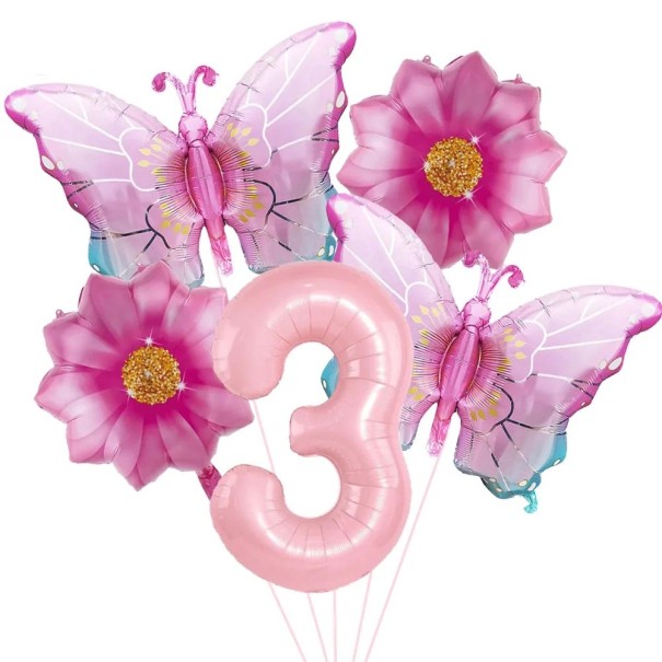 Balões de folha número 3 borboletas e flores conjunto 5 unid balões de folha decoração rosa para festa de aniversário e decoração festiva 1