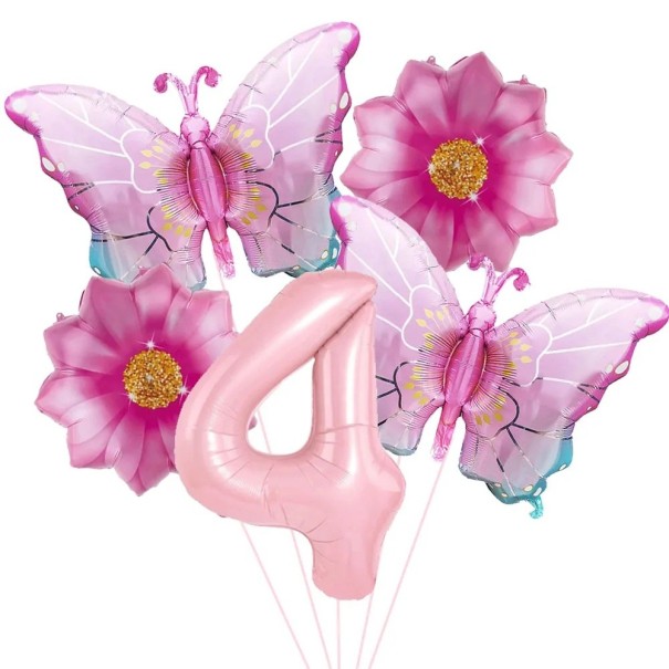 Balões de folha número 4 borboletas e flores conjunto 5 pcs balões de folha rosa decoração de aniversário para festa infantil e decoração de festa 1
