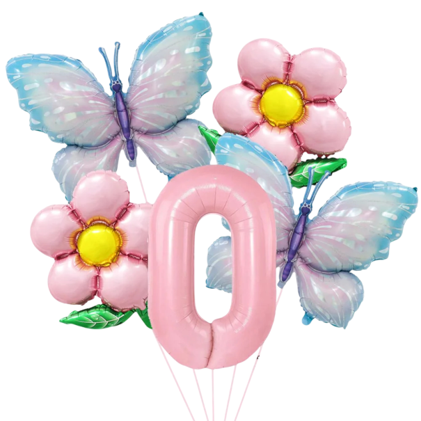 Balonase din folie numărul 0 cu fluturi și flori 81,3 cm și 45,7 cm Decorare de naștere roz și albastru pentru petrecere 5 buc 1